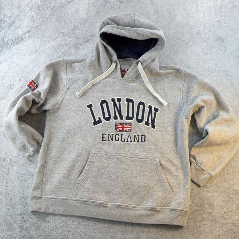City Fashion London Hoodie XL Gray Pullover Fleece Graphic Print Logo Drawstring
